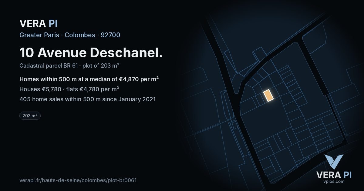 10 Avenue Deschanel, Colombes at night – the plot lit, the parcels around coloured by the prices near them