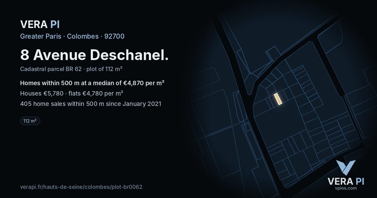 8 Avenue Deschanel, Colombes at night – the plot lit, the parcels around coloured by the prices near them