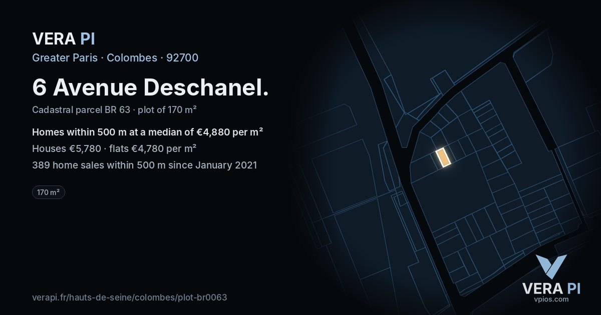 6 Avenue Deschanel, Colombes at night – the plot lit, the parcels around coloured by the prices near them