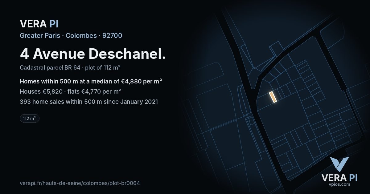 4 Avenue Deschanel, Colombes at night – the plot lit, the parcels around coloured by the prices near them
