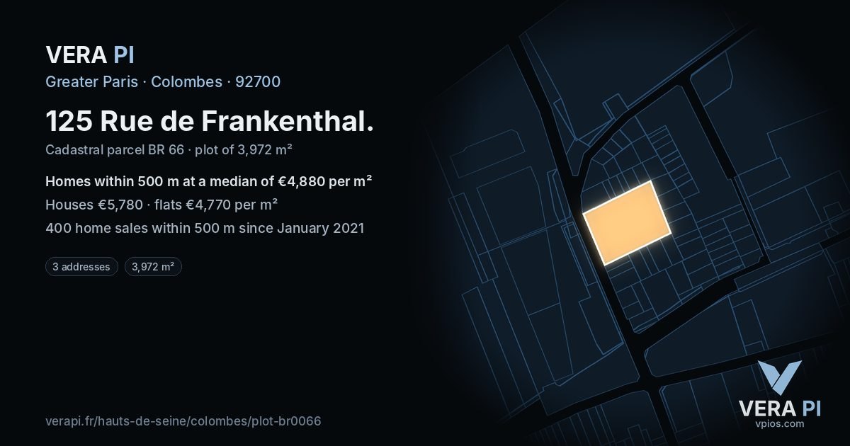 125 Rue de Frankenthal, Colombes at night – the plot lit, the parcels around coloured by the prices near them