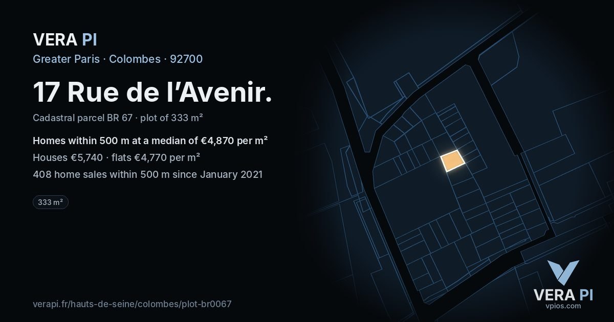 17 Rue de l’Avenir, Colombes at night – the plot lit, the parcels around coloured by the prices near them