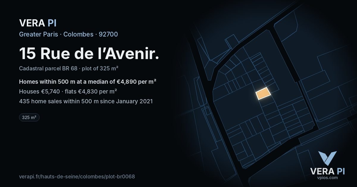 15 Rue de l’Avenir, Colombes at night – the plot lit, the parcels around coloured by the prices near them