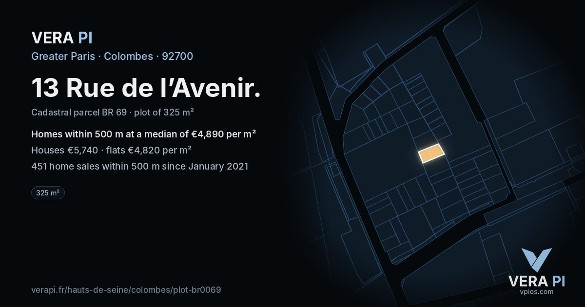13 Rue de l’Avenir, Colombes at night – the plot lit, the parcels around coloured by the prices near them