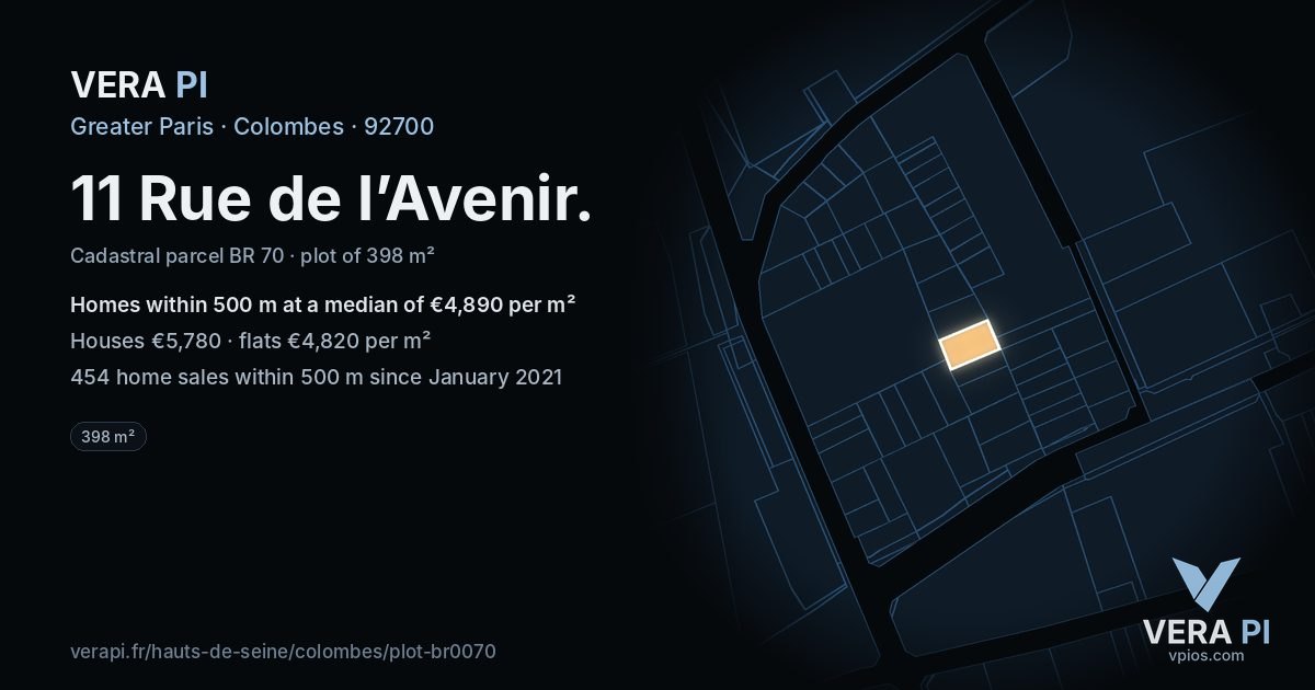11 Rue de l’Avenir, Colombes at night – the plot lit, the parcels around coloured by the prices near them