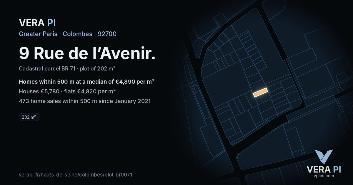 9 Rue de l’Avenir, Colombes at night – the plot lit, the parcels around coloured by the prices near them