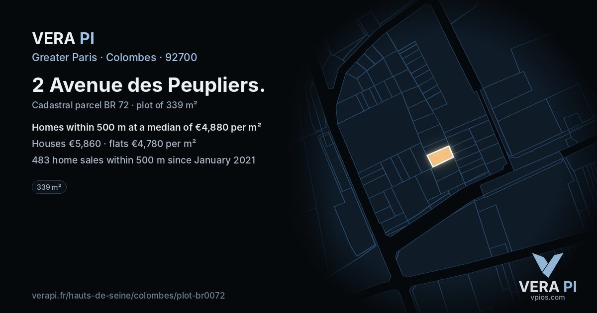 2 Avenue des Peupliers, Colombes at night – the plot lit, the parcels around coloured by the prices near them