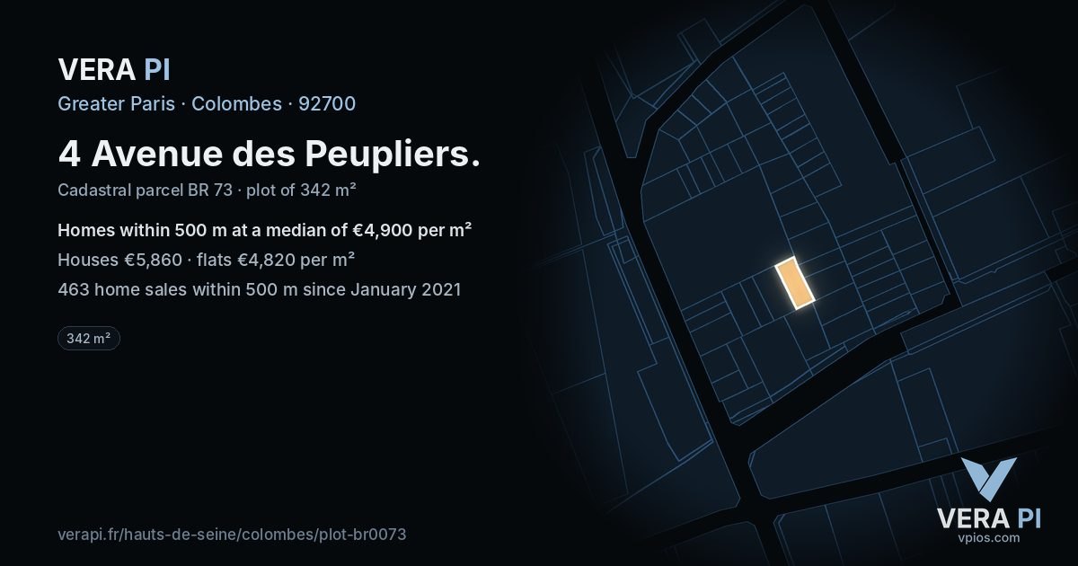 4 Avenue des Peupliers, Colombes at night – the plot lit, the parcels around coloured by the prices near them