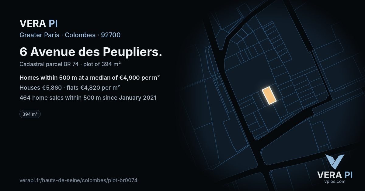 6 Avenue des Peupliers, Colombes at night – the plot lit, the parcels around coloured by the prices near them