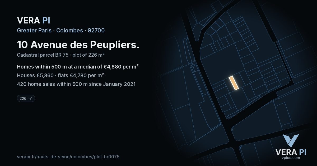 10 Avenue des Peupliers, Colombes at night – the plot lit, the parcels around coloured by the prices near them
