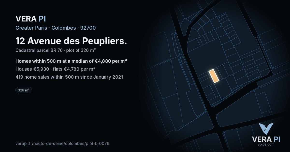 12 Avenue des Peupliers, Colombes at night – the plot lit, the parcels around coloured by the prices near them