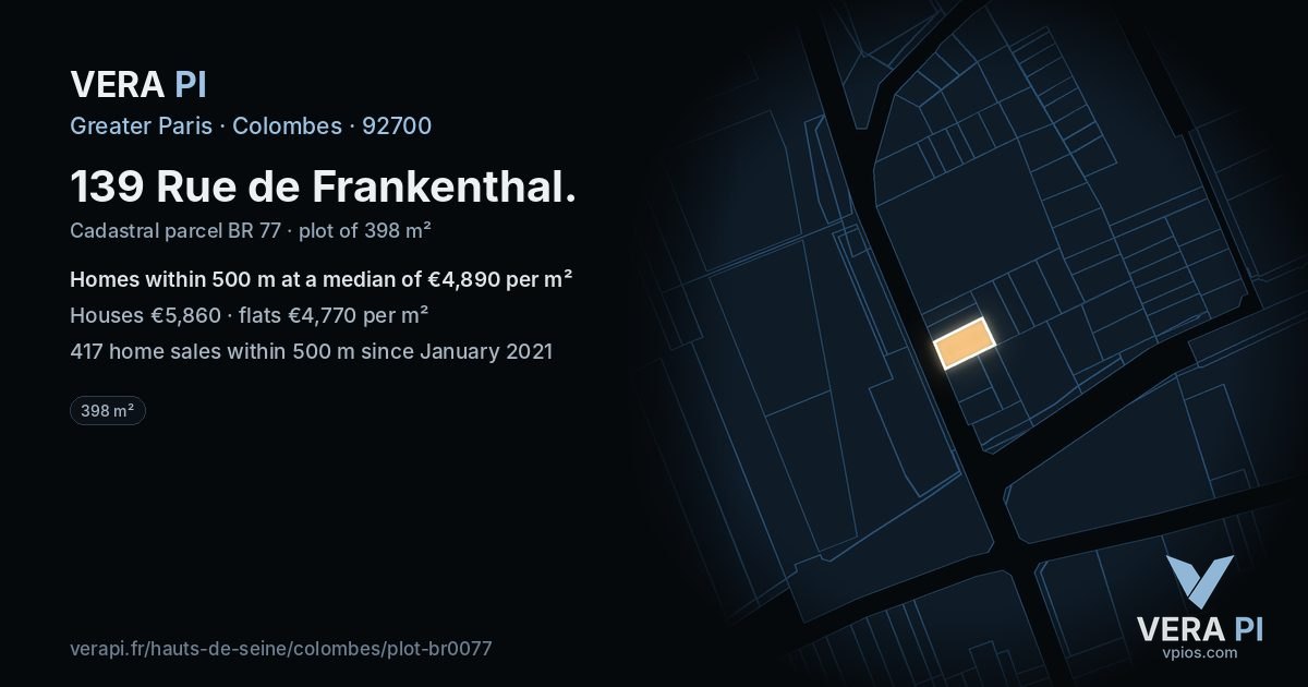 139 Rue de Frankenthal, Colombes at night – the plot lit, the parcels around coloured by the prices near them
