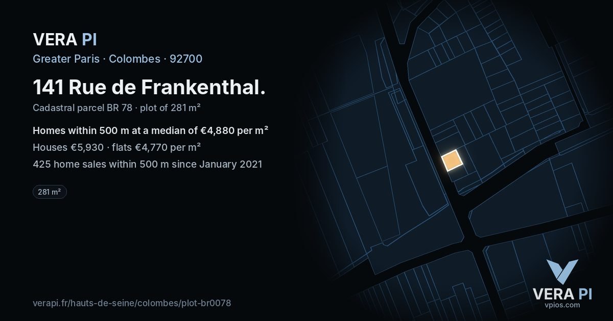 141 Rue de Frankenthal, Colombes at night – the plot lit, the parcels around coloured by the prices near them