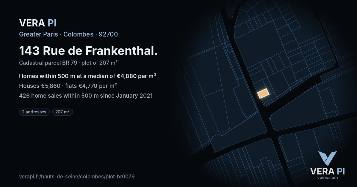 143 Rue de Frankenthal, Colombes at night – the plot lit, the parcels around coloured by the prices near them