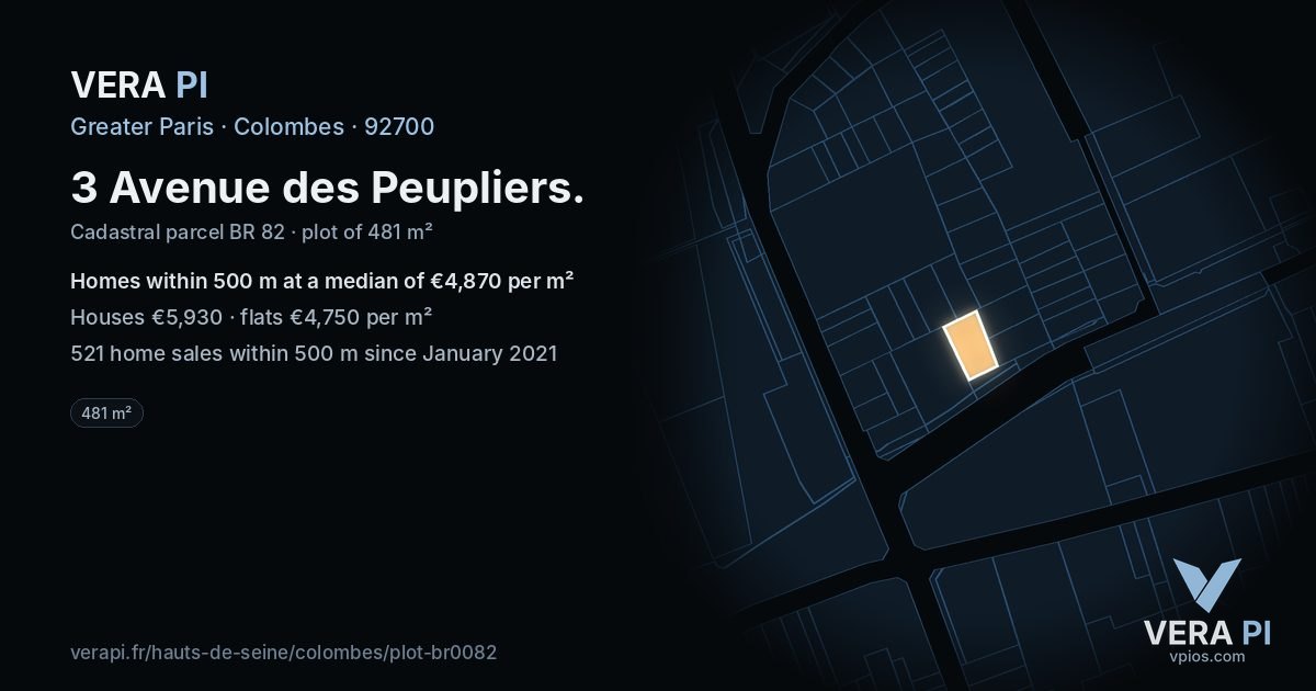 3 Avenue des Peupliers, Colombes at night – the plot lit, the parcels around coloured by the prices near them