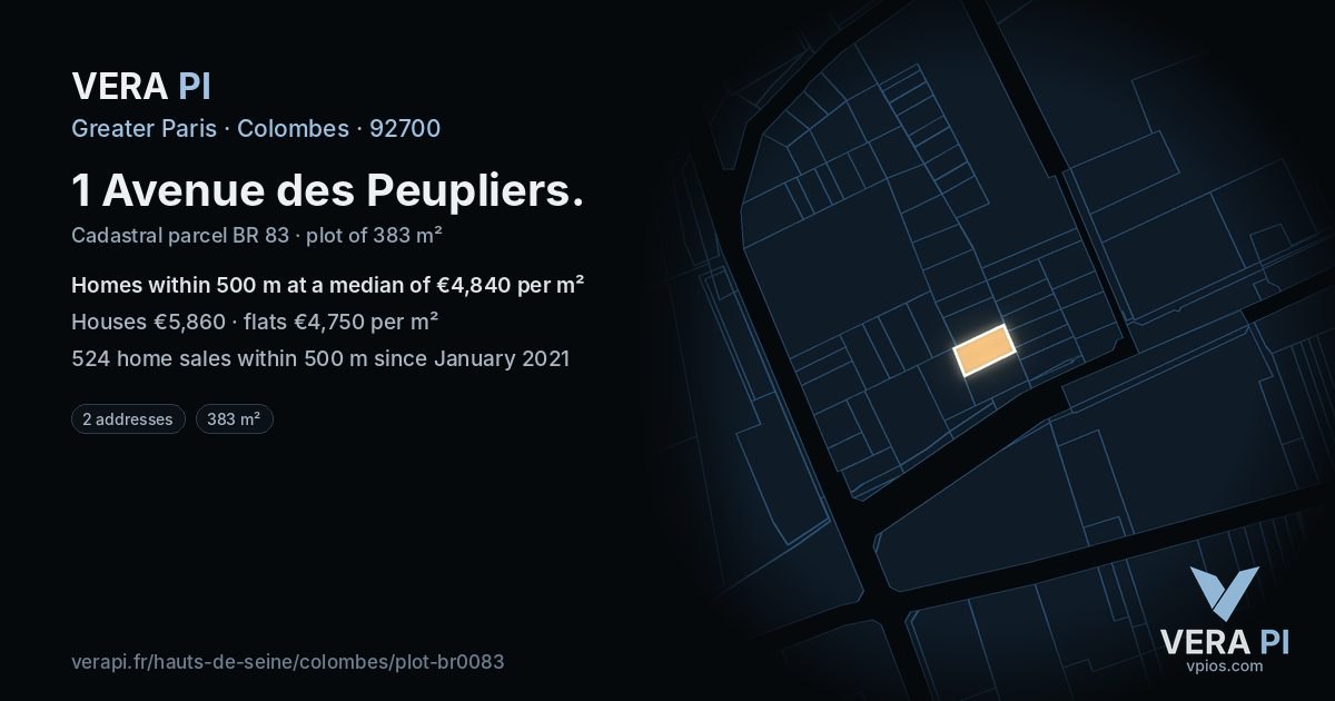 1 Avenue des Peupliers, Colombes at night – the plot lit, the parcels around coloured by the prices near them