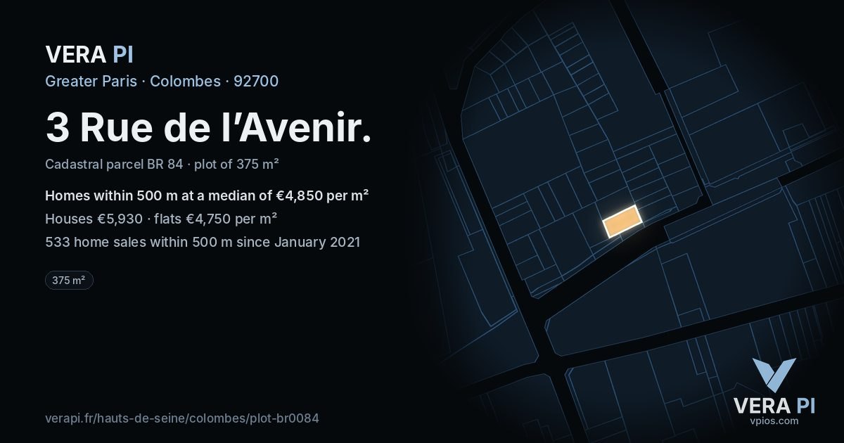 3 Rue de l’Avenir, Colombes at night – the plot lit, the parcels around coloured by the prices near them