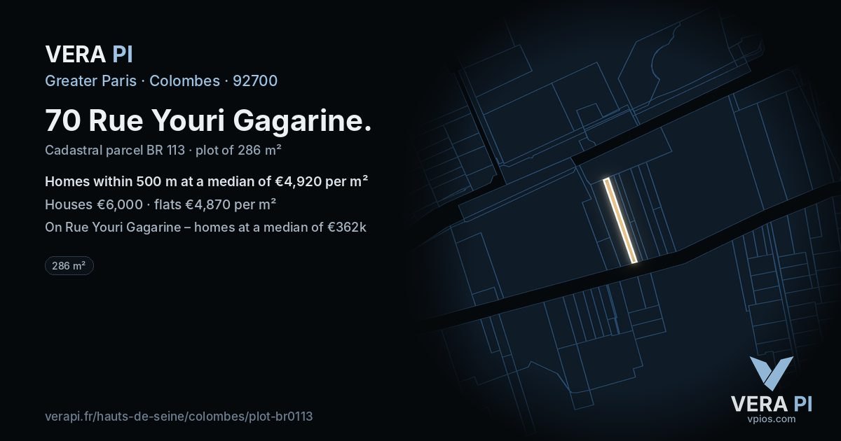 70 Rue Youri Gagarine, Colombes at night – the plot lit, the parcels around coloured by the prices near them