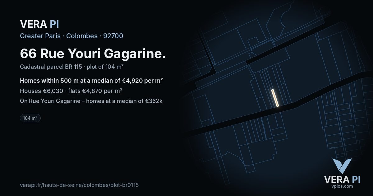 66 Rue Youri Gagarine, Colombes at night – the plot lit, the parcels around coloured by the prices near them