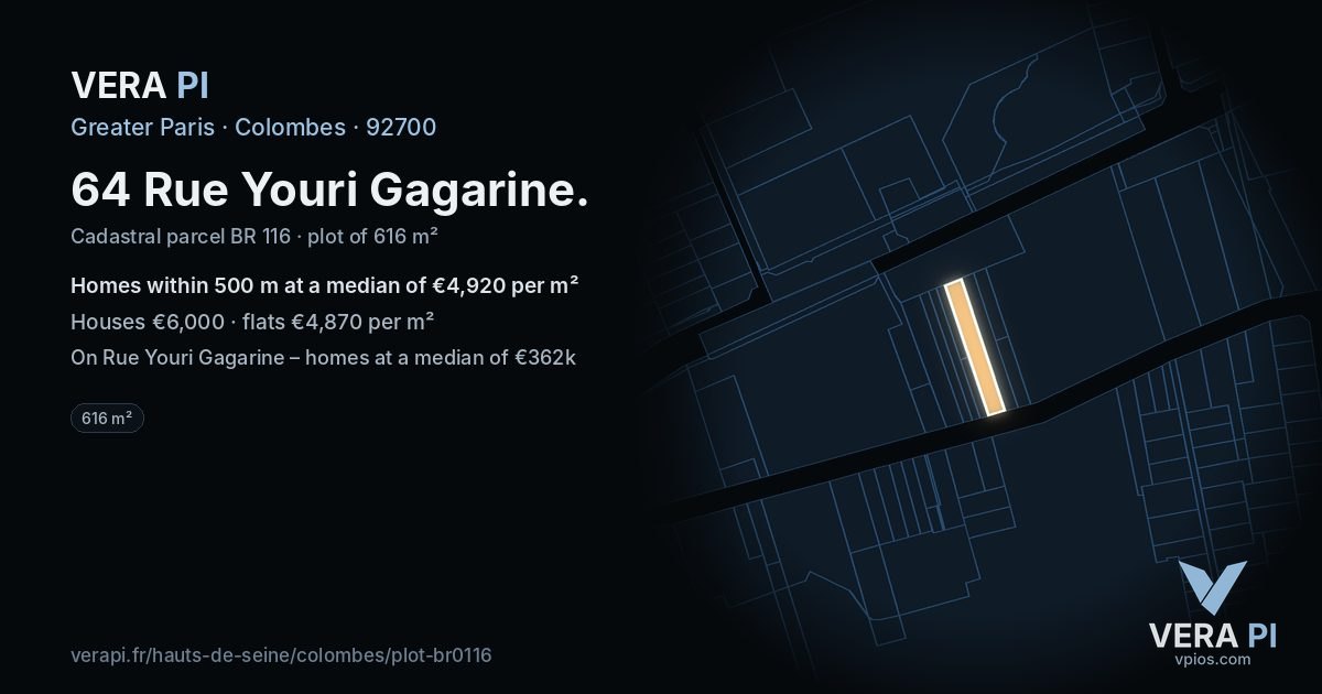 64 Rue Youri Gagarine, Colombes at night – the plot lit, the parcels around coloured by the prices near them
