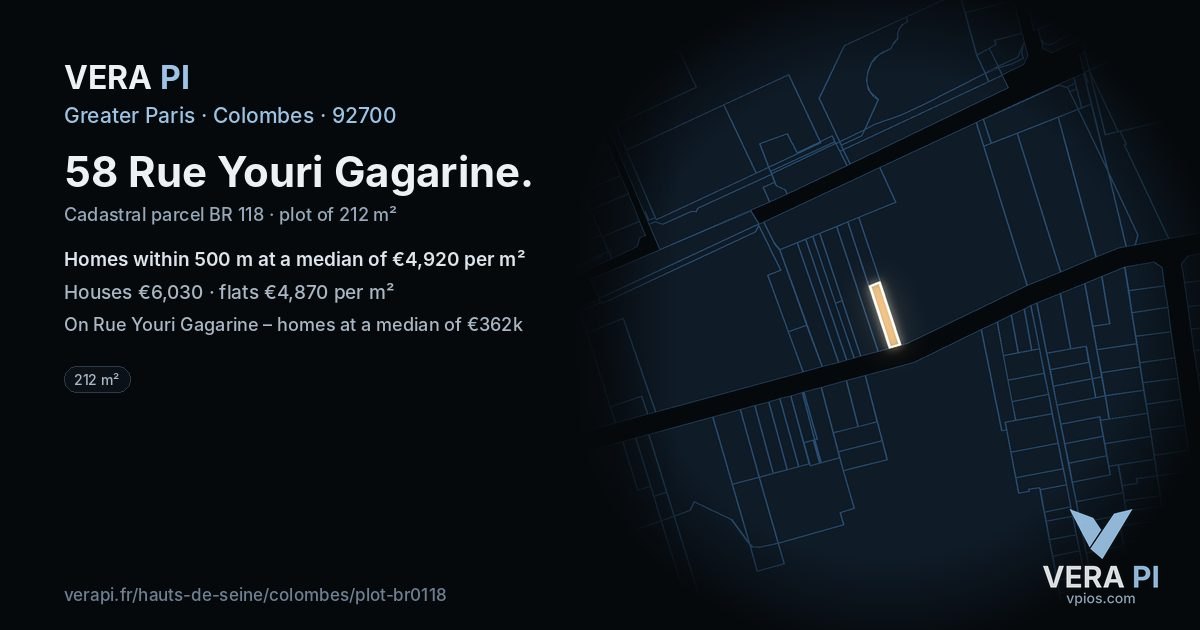 58 Rue Youri Gagarine, Colombes at night – the plot lit, the parcels around coloured by the prices near them