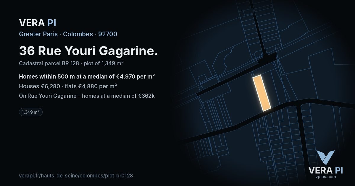36 Rue Youri Gagarine, Colombes at night – the plot lit, the parcels around coloured by the prices near them