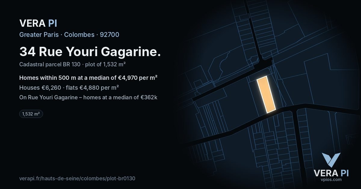 34 Rue Youri Gagarine, Colombes at night – the plot lit, the parcels around coloured by the prices near them