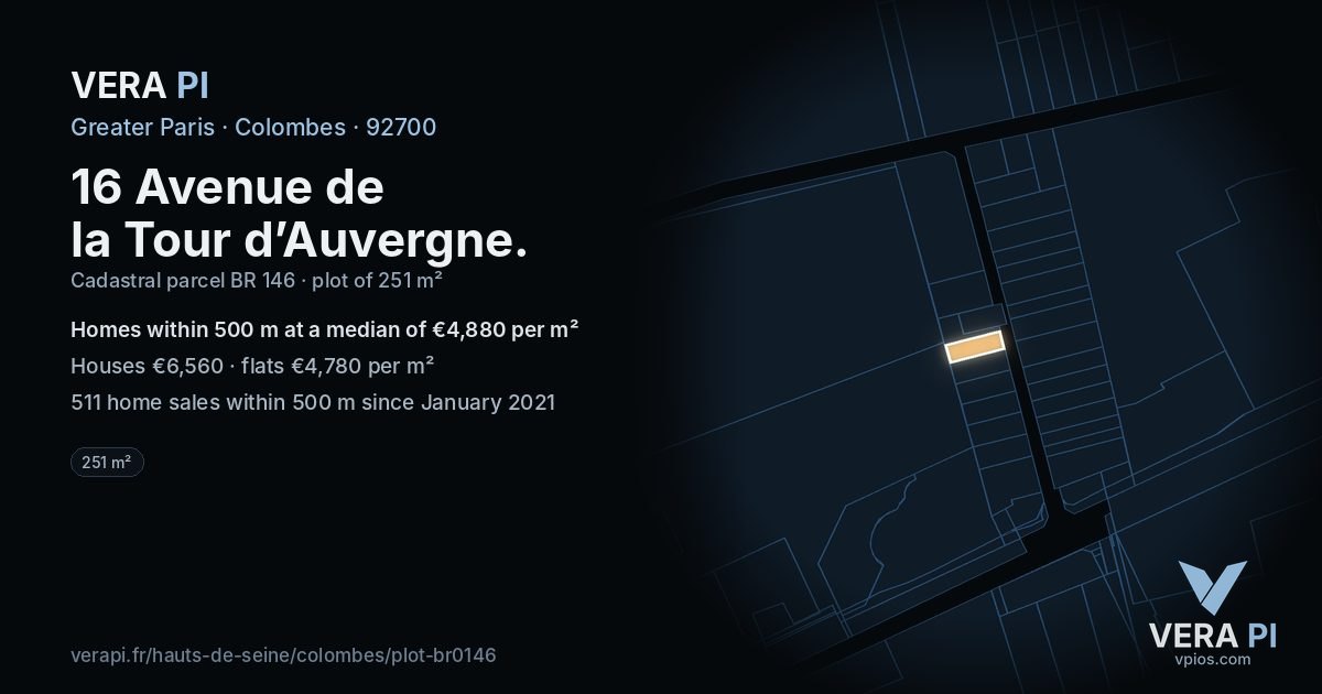 16 Avenue de la Tour d’Auvergne, Colombes at night – the plot lit, the parcels around coloured by the prices near them