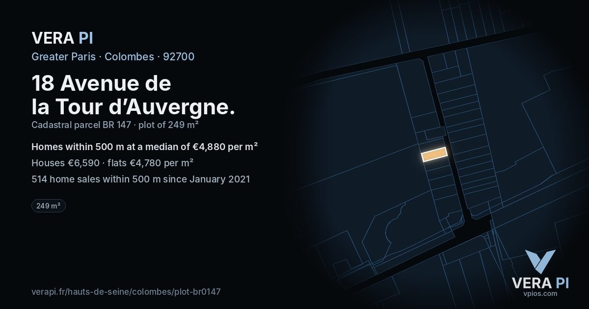 18 Avenue de la Tour d’Auvergne, Colombes at night – the plot lit, the parcels around coloured by the prices near them