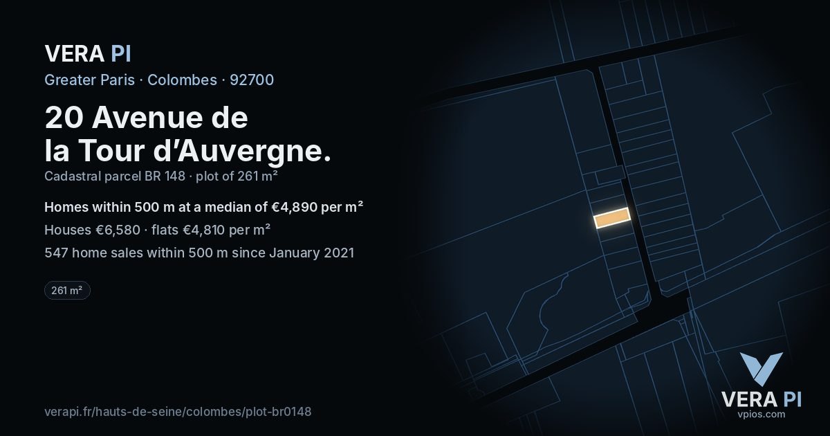 20 Avenue de la Tour d’Auvergne, Colombes at night – the plot lit, the parcels around coloured by the prices near them