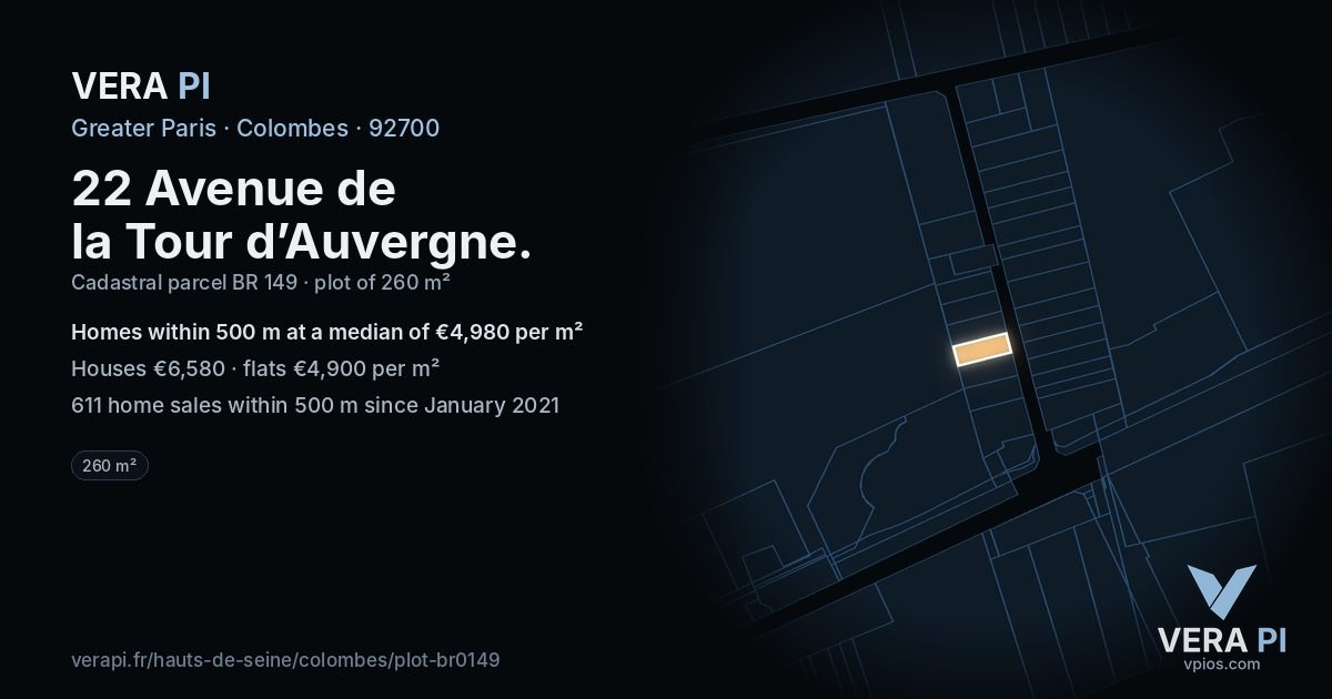 22 Avenue de la Tour d’Auvergne, Colombes at night – the plot lit, the parcels around coloured by the prices near them