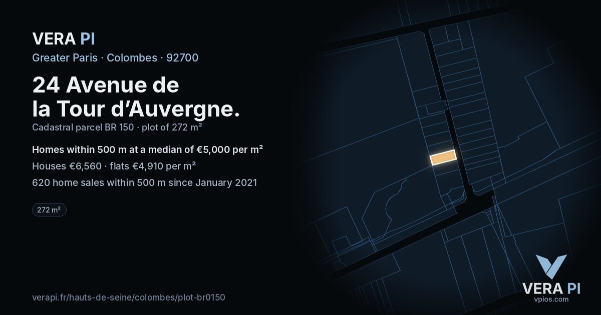 24 Avenue de la Tour d’Auvergne, Colombes at night – the plot lit, the parcels around coloured by the prices near them