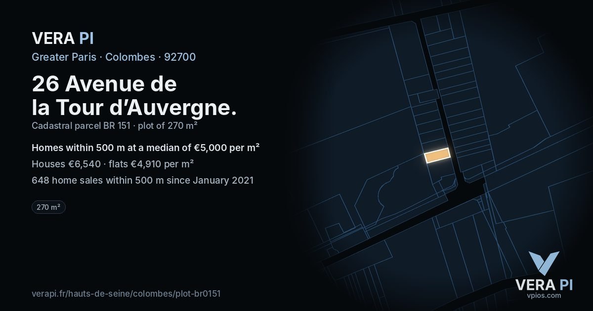 26 Avenue de la Tour d’Auvergne, Colombes at night – the plot lit, the parcels around coloured by the prices near them