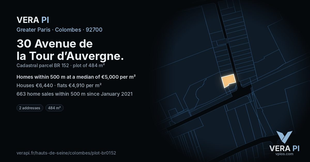 30 Avenue de la Tour d’Auvergne, Colombes at night – the plot lit, the parcels around coloured by the prices near them