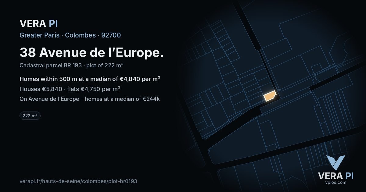38 Avenue de l’Europe, Colombes at night – the plot lit, the parcels around coloured by the prices near them