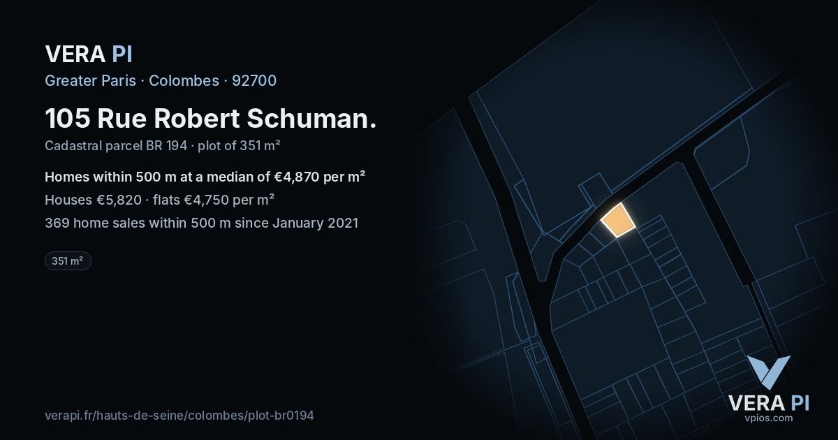 105 Rue Robert Schuman, Colombes at night – the plot lit, the parcels around coloured by the prices near them