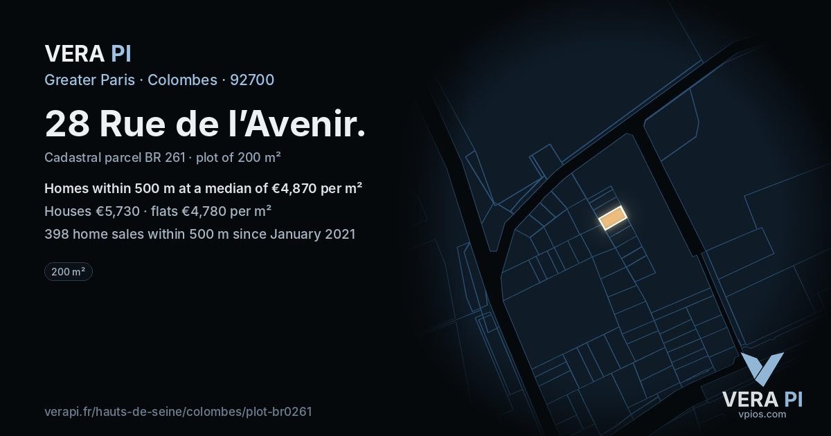 28 Rue de l’Avenir, Colombes at night – the plot lit, the parcels around coloured by the prices near them