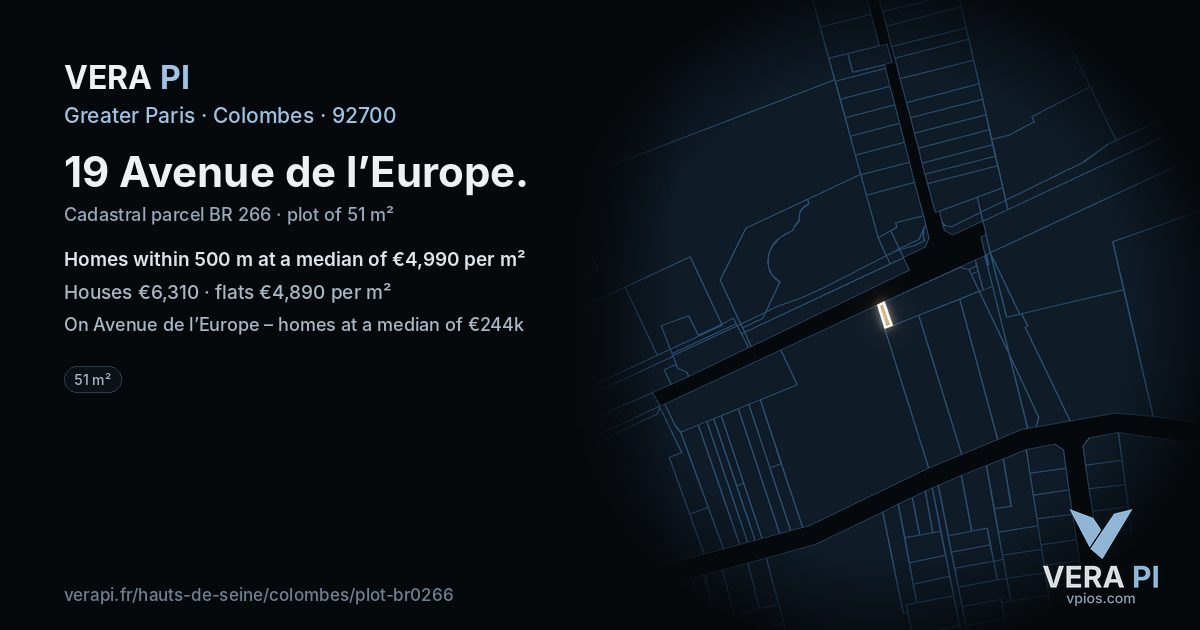 19 Avenue de l’Europe, Colombes at night – the plot lit, the parcels around coloured by the prices near them