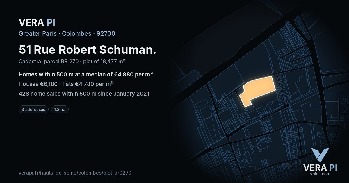 51 Rue Robert Schuman, Colombes at night – the plot lit, the parcels around coloured by the prices near them