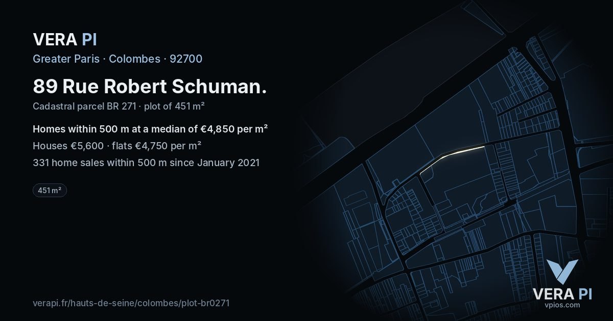 89 Rue Robert Schuman, Colombes at night – the plot lit, the parcels around coloured by the prices near them