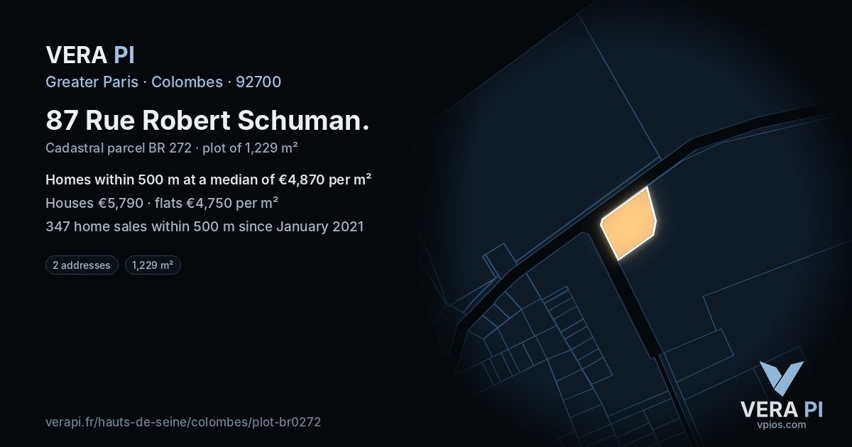 87 Rue Robert Schuman, Colombes at night – the plot lit, the parcels around coloured by the prices near them