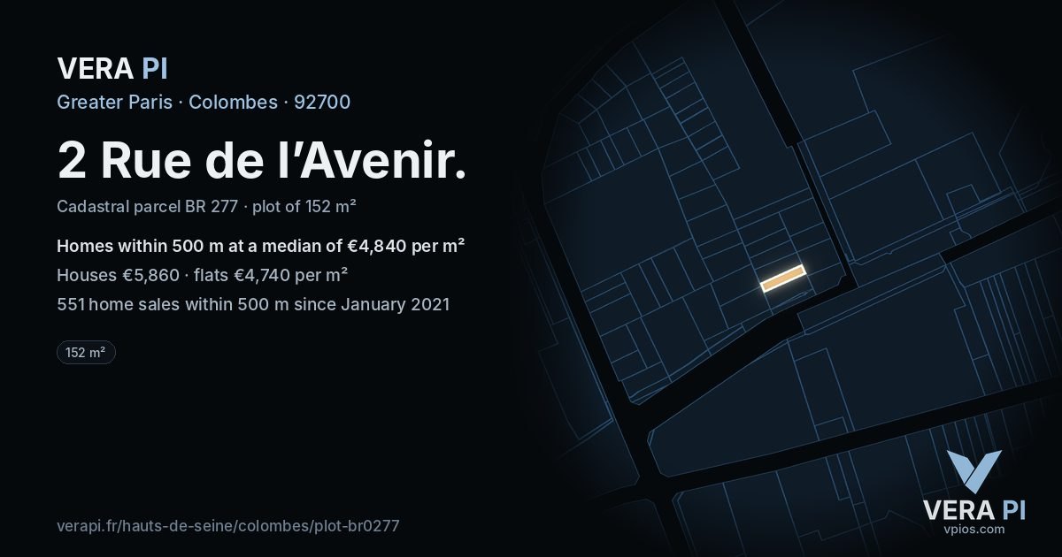 2 Rue de l’Avenir, Colombes at night – the plot lit, the parcels around coloured by the prices near them