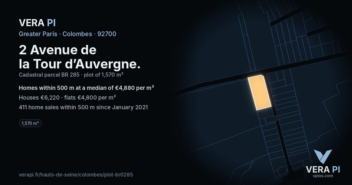 2 Avenue de la Tour d’Auvergne, Colombes at night – the plot lit, the parcels around coloured by the prices near them