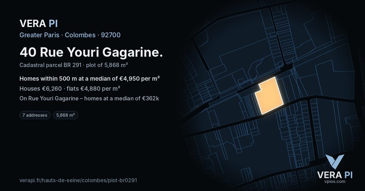 40 Rue Youri Gagarine, Colombes at night – the plot lit, the parcels around coloured by the prices near them