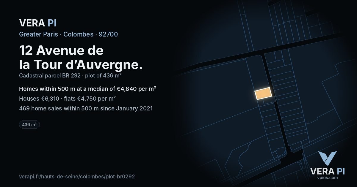 12 Avenue de la Tour d’Auvergne, Colombes at night – the plot lit, the parcels around coloured by the prices near them