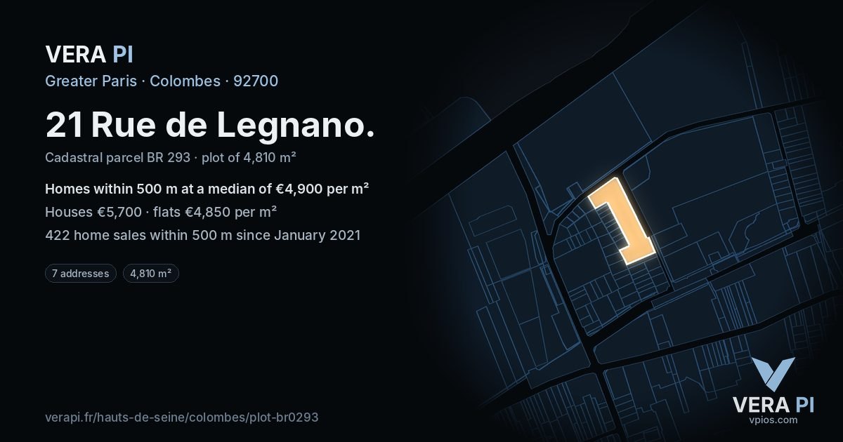 21 Rue de Legnano, Colombes at night – the plot lit, the parcels around coloured by the prices near them