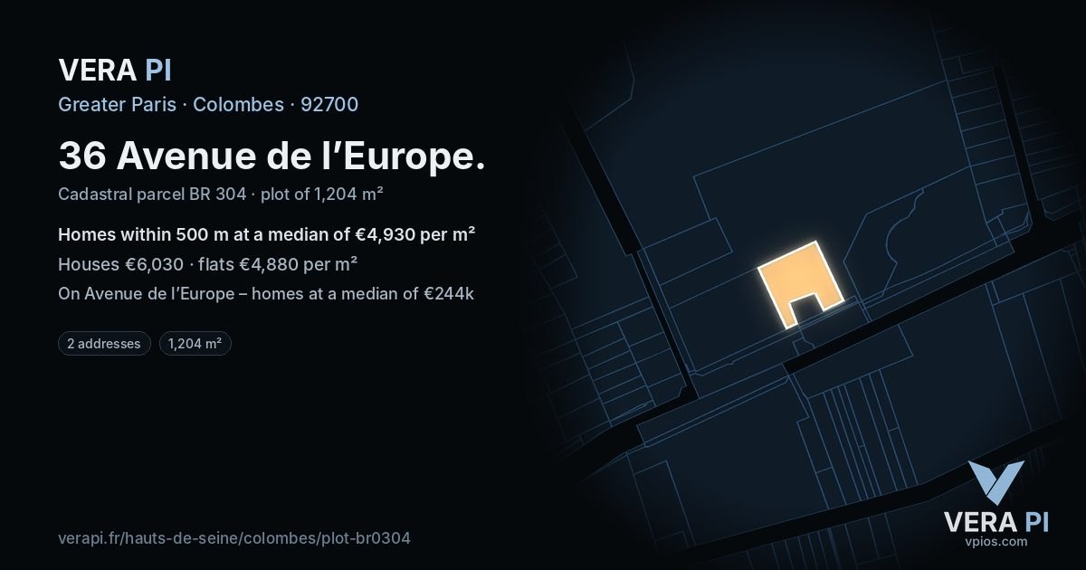 36 Avenue de l’Europe, Colombes at night – the plot lit, the parcels around coloured by the prices near them
