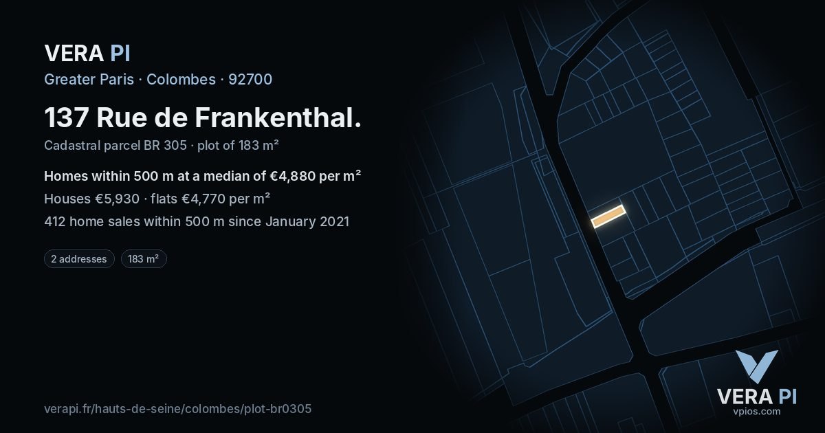 137 Rue de Frankenthal, Colombes at night – the plot lit, the parcels around coloured by the prices near them