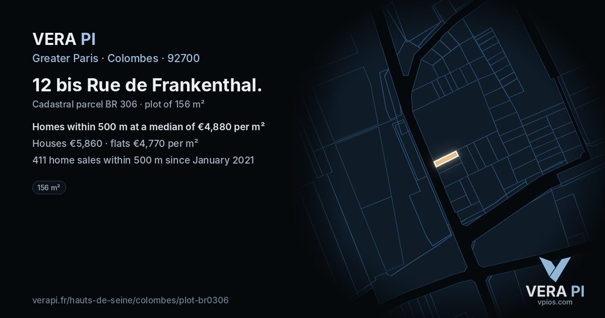 12 bis Rue de Frankenthal, Colombes at night – the plot lit, the parcels around coloured by the prices near them