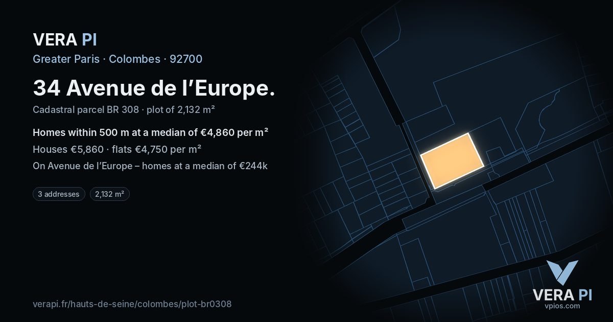 34 Avenue de l’Europe, Colombes at night – the plot lit, the parcels around coloured by the prices near them